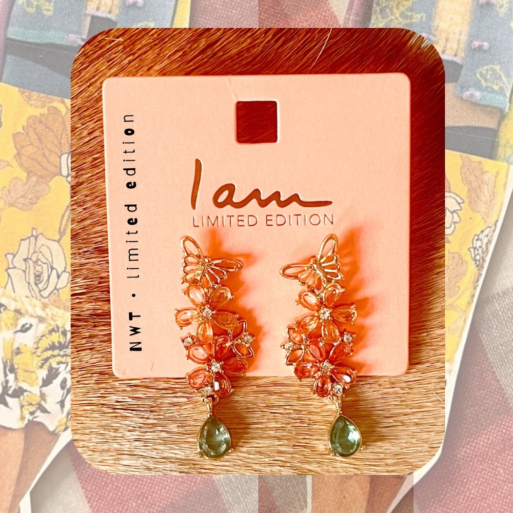 🏷️ gold butterfly 🦋 pink & green rhinestone dangling earrings